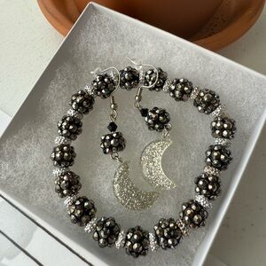 Handmade Elegant Silver and Black Beaded Moon Jewelry Set